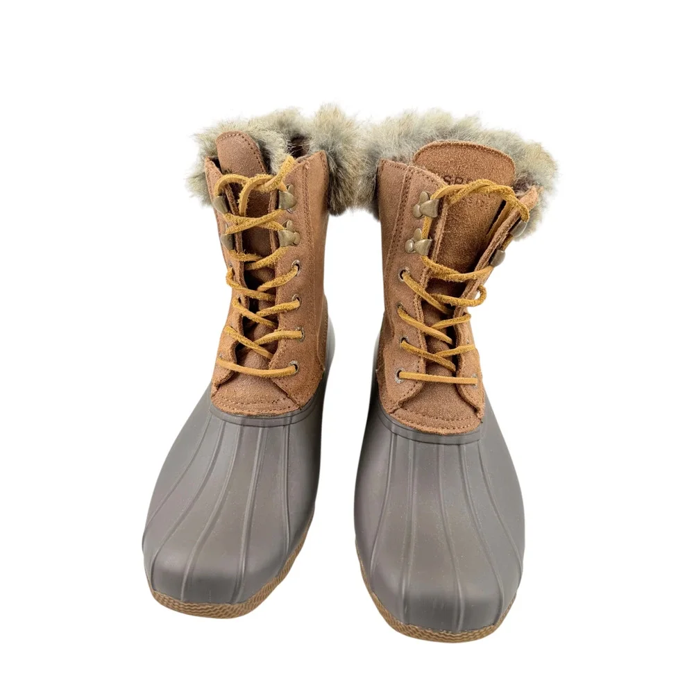 Sperry Top-Sider White Water Duck Winter Boots Brown Faux Fur Lace Up Sz 9M Cozy